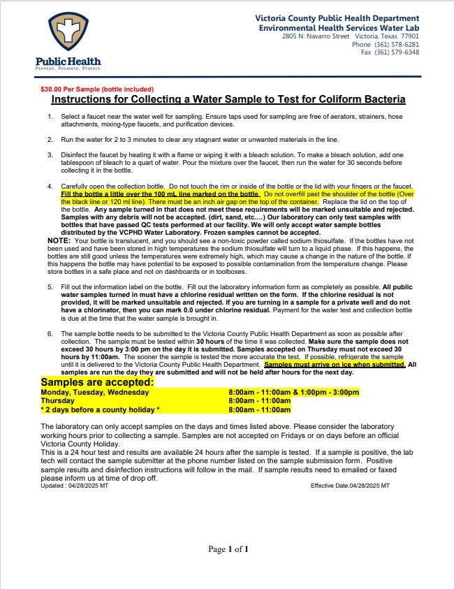 Instructions water Sample
